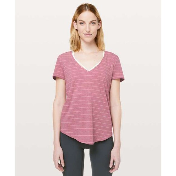 Lululemon Love Tee Pima Cotton T-Shirt Heather Merlot Stripe Shirt Size 6 - Picture 1 of 6